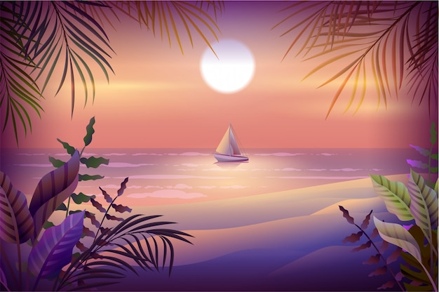 Night landscape of tropical island. palm trees, beach, sea and sailboat