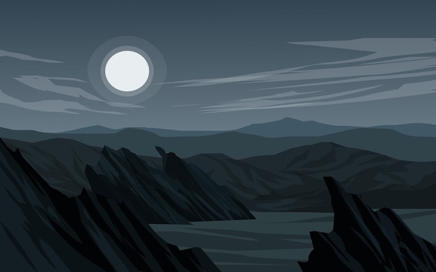 Night landscape view with rocks mountains and full moon