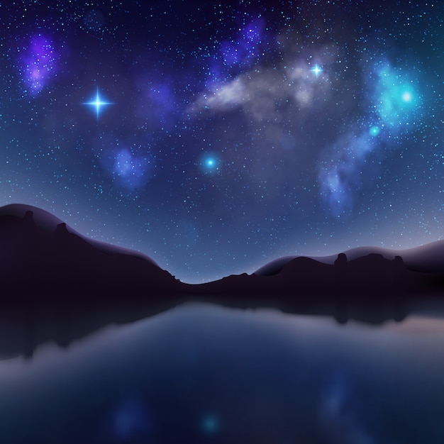 Vector night landscape with dark silhouettes of mountains and sky with stars. mystical lake.