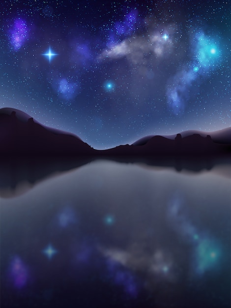 Vector night landscape with dark silhouettes of mountains and sky with stars. mystical with lake.