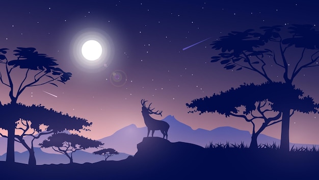 Night landscape with deer mountains and bright moon