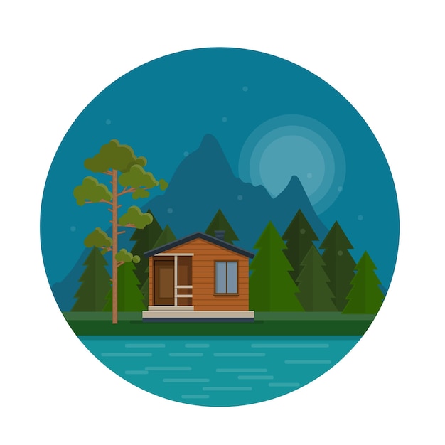 Night landscape with green forest, lake, mountains and house. Flat design style vector illustration.