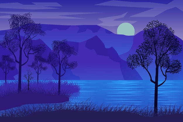 Night landscape with lake mountains and trees