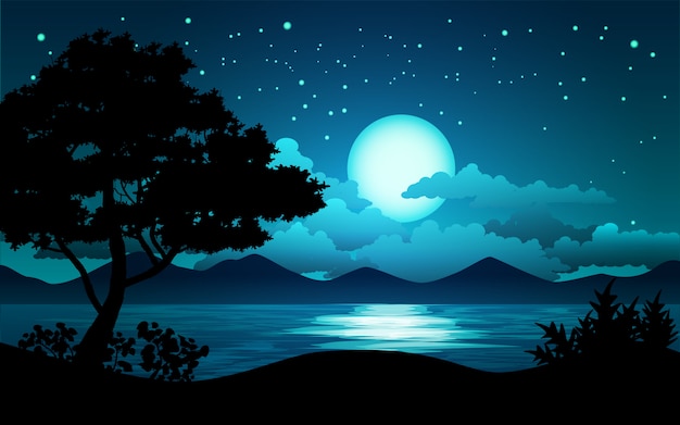 Vector night landscape with lake and tree