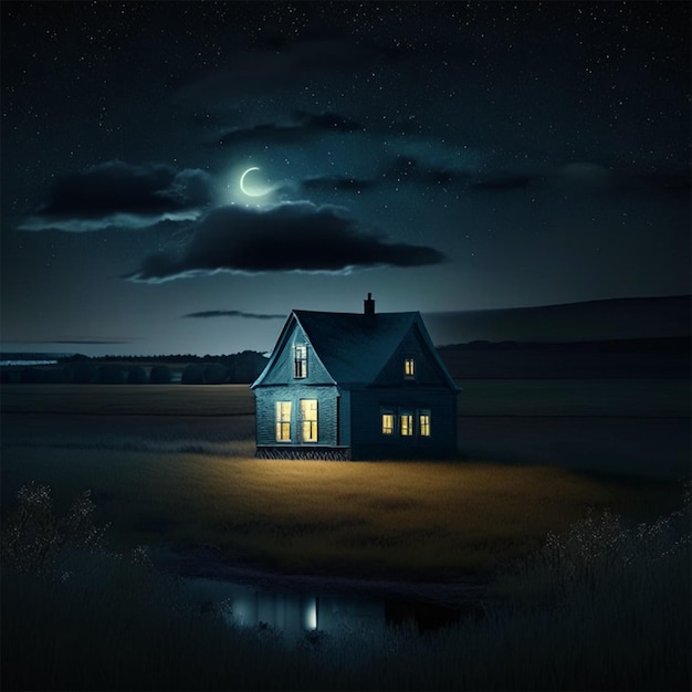 Vector night landscape with a lonely house and light in the window