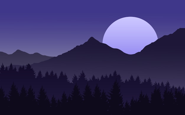 Night landscape with moon rising over mountain