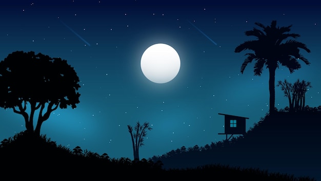 Night landscape with moon with a beautiful small on mountain vector art