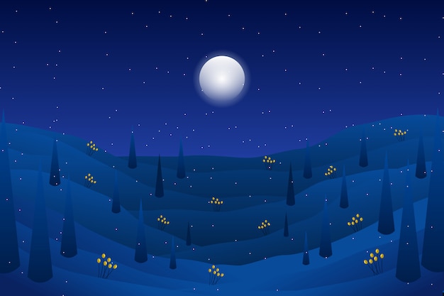 Paesaggio notturno con la montagna con l'illustrazione delle stelle