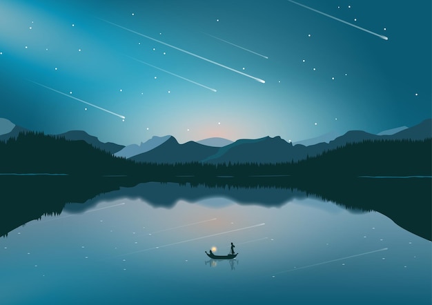 Night landscape with pine forest beside a lake shooting stars on a sky full of stars landscape