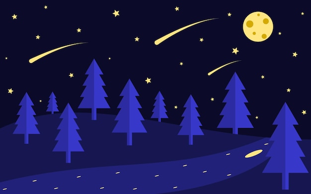 night landscape with pine trees, shooting stars and full moon