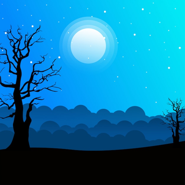 Vector night landscape with silhouettes of trees and beautiful night sky with stars and the moon.