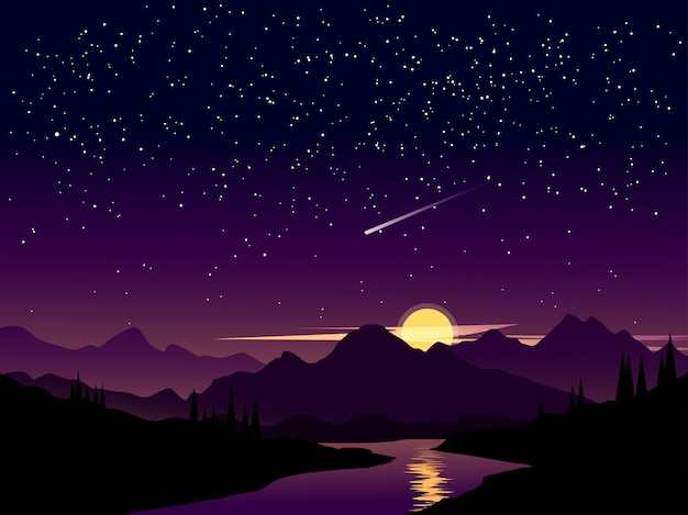 Night landscape with starry sky and shooting stars