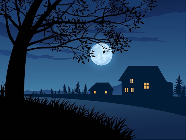 Vector night landscape with street and houses