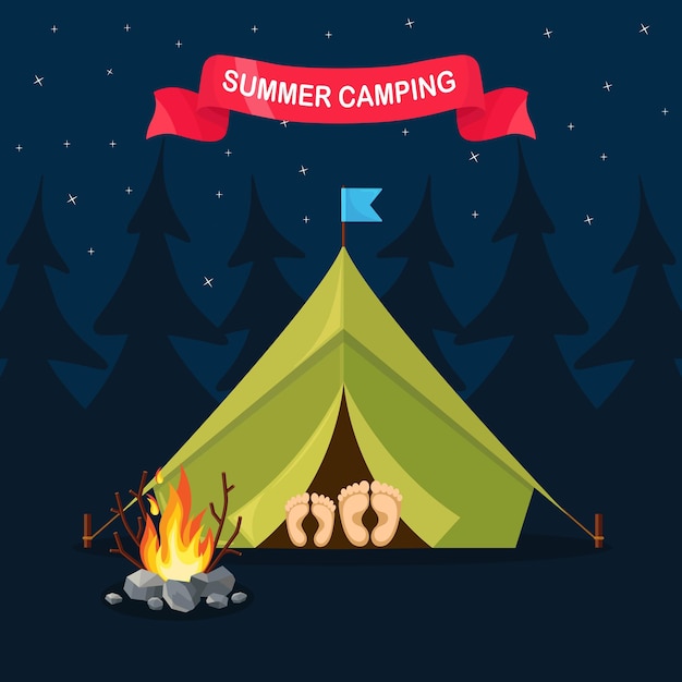 Vector night landscape with tent, campfire, forest