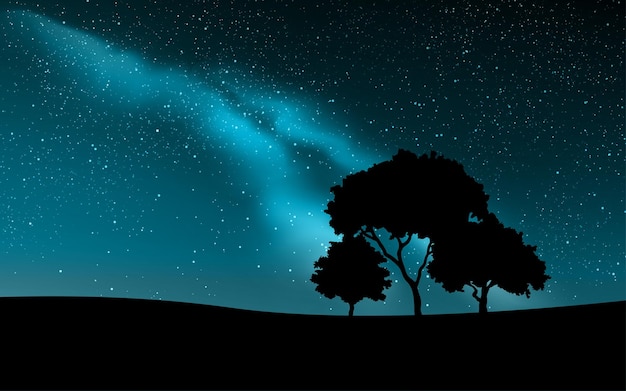 Vector night landscape with trees and milky way