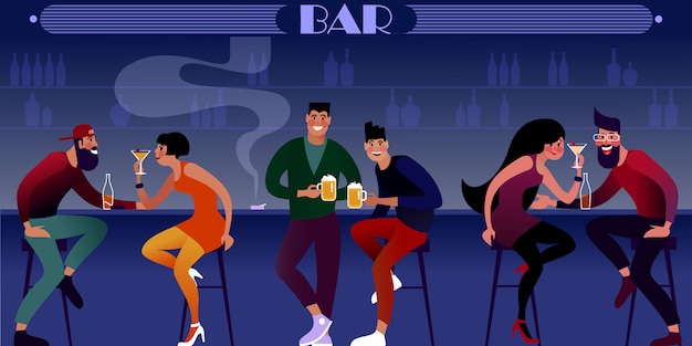 Ночная жизнь, миллениалы пьют пиво в ночном баре. Плоская иллюстрация.