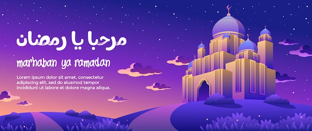 The night of marhaban ya ramadan with a magnificent mosque greeting card