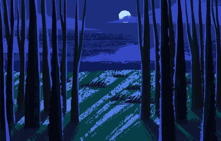Vector night minimalist nature landscape in moonlight moon in evening sky above sea grass shore silhouettes of forest trees before dark seascape with waves panorama view flat vector illustration