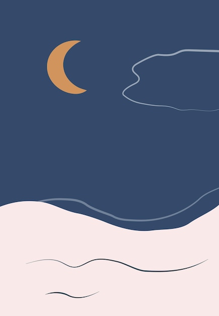 Night minimalistic landscape with sea cloud and moon Illustration in flat style Perfect for wall art in the style of mid century modern