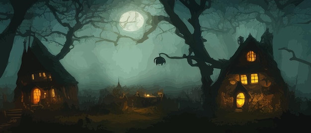 Vector night moonlight fantastic spooky house in a dark spooky wind dark fantasy scene landscape with