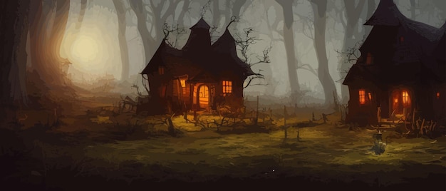 Vector night moonlight fantastic spooky house in a dark spooky wind dark fantasy scene landscape with