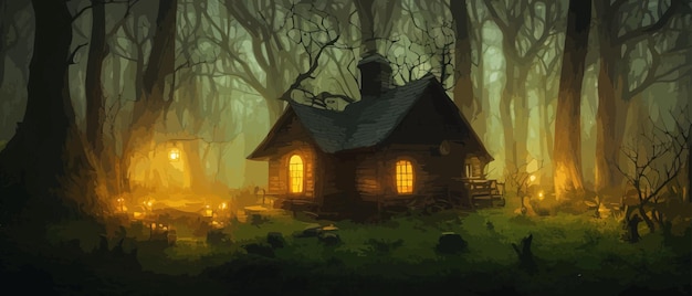 ベクトル 夜の月明かり 幻想的な恐ろしい家 暗い恐ろしい風 暗いファンタジーシーンの風景