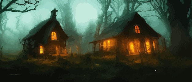 Вектор Ночной лунный свет фантастический жуткий дом в темном жуткий ветер темный фантастический пейзаж с
