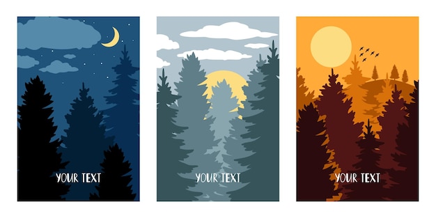 night and morning landscapes with silhouettes of fir trees
