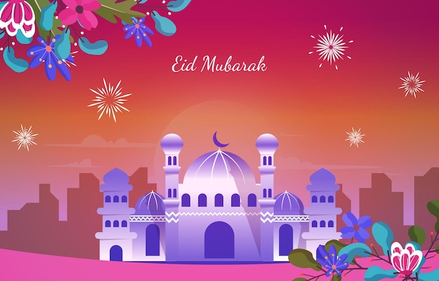 Night Mosque Eid Mubarak Muslim Islamic Celebration Vector Illustration