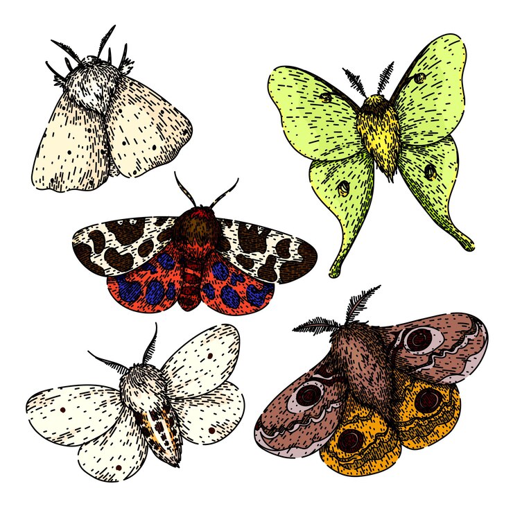 Vector night moth set sketch hand drawn vector