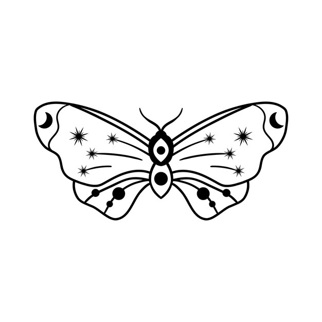 Night moth with crescent moon and stars isolated on white background  Hand drawn black celestial doodle insect vector