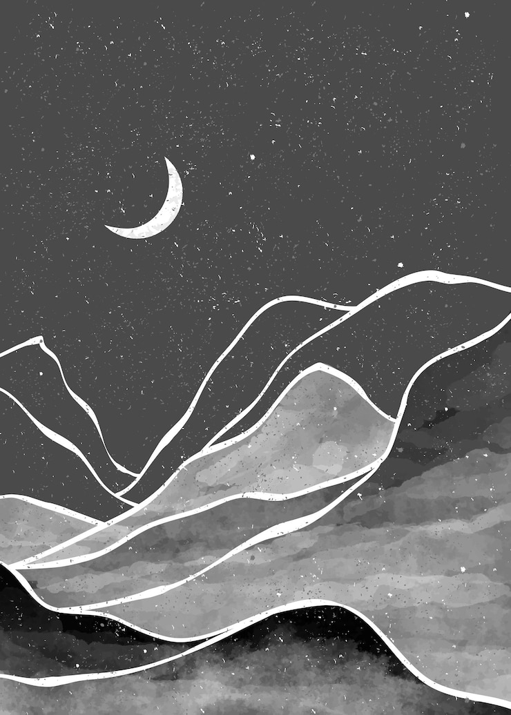 Vector night mountain landscape watercolor painting natural abstract landscape background mountains hills and the moon in black and white vector illustration
