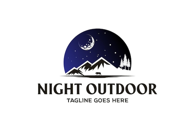 Night Mountain Pine Cedar Spar sparren met Wolf voor Wilderness Adventure Logo Design Vector