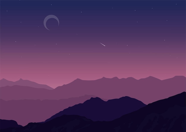 Vector night mountains landscape vector with a moon and purple tone