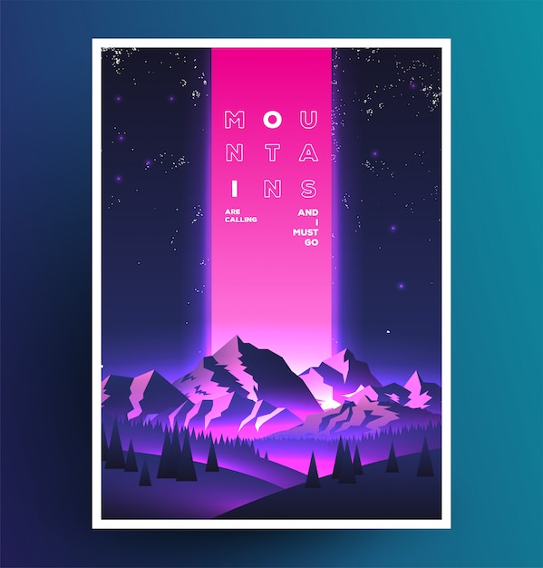 Vector night mountains vaporwave poster