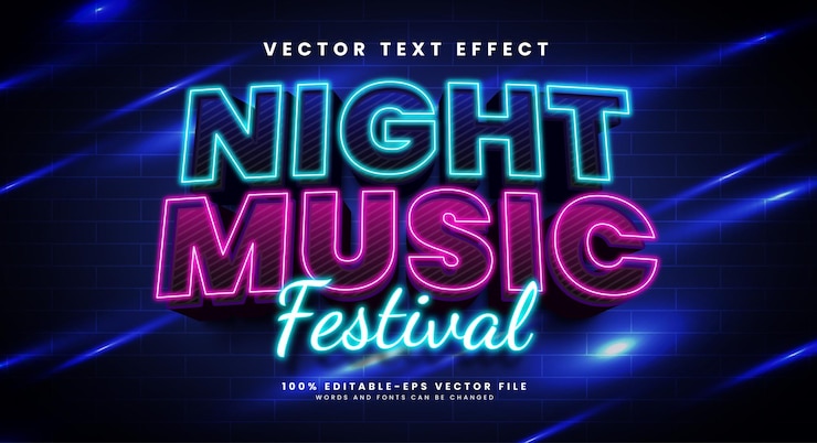 Vector night music festival 3d editable vector text effect with neon light style