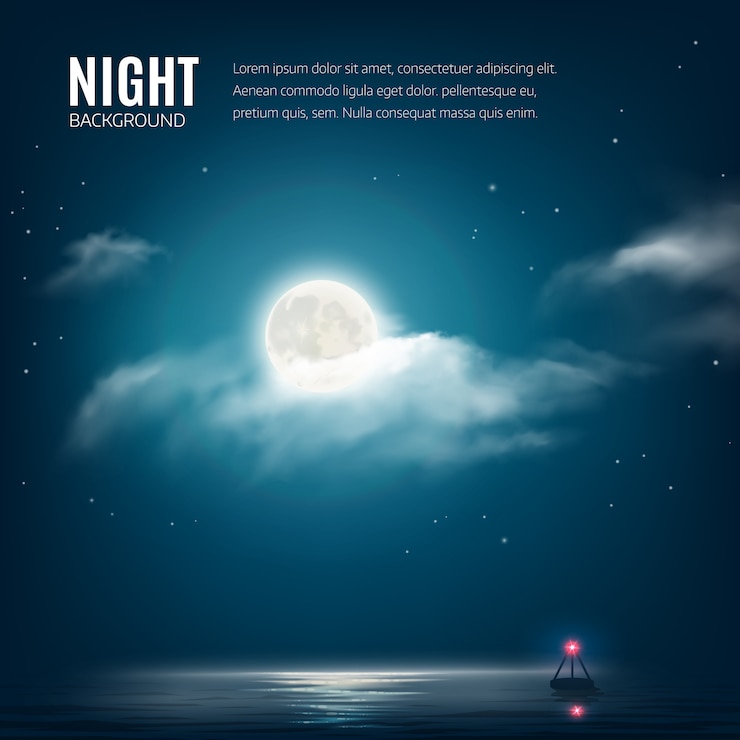 Vector night nature background cloudy sky with stars, moon and calm sea with beacon.