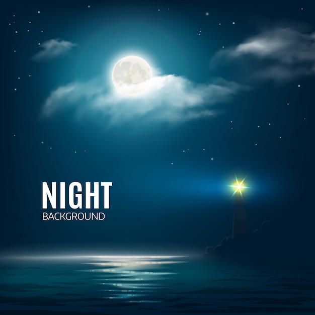 Night nature cloudy sky with stars, moon and calm sea with lighthouse.