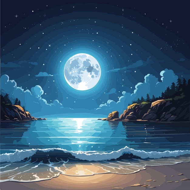 Вектор Ночной океанский пейзаж полная луна и звезды сияют вектор на белом фоне