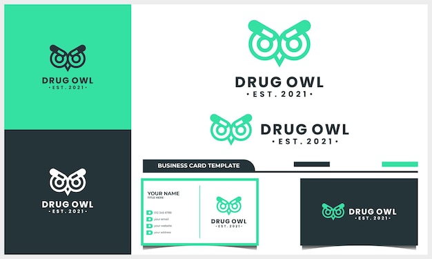 Gufo notturno con il concetto di design del logo della droga della medicina e il modello di biglietto da visita