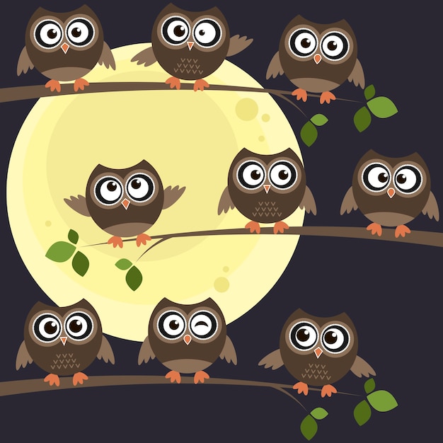 Vector night owls on branches