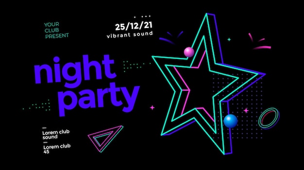 Vector night party banner with neon sign disco star