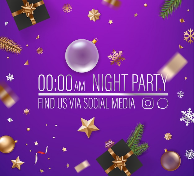 Night party bannertemplate with golden confetti and gift boxes