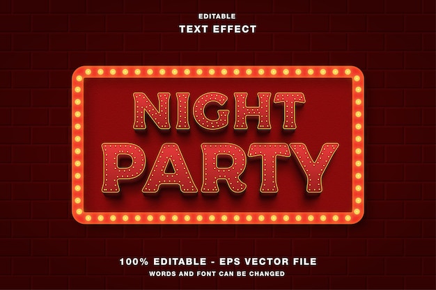 Vector night party-gloed met bewerkbaar teksteffect in tekenkader