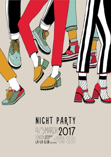 Night party hand drawn colorful poster with dancing legs.