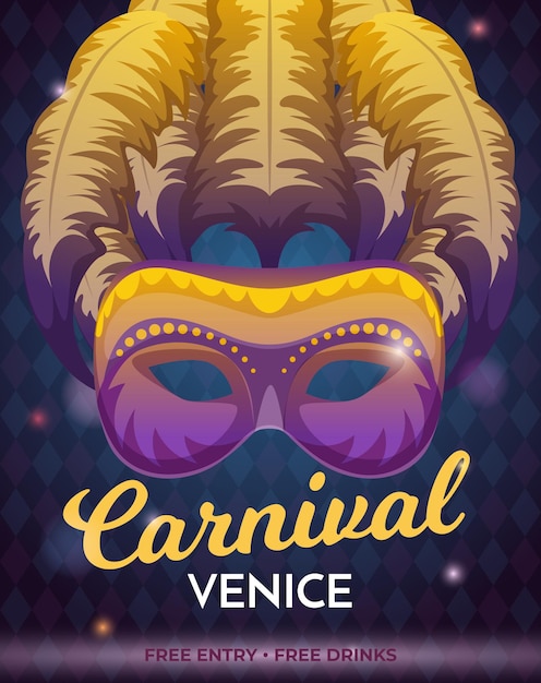 Vettore manifesto della festa notturna cartello pubblicitario per invito di carnevale modello vettoriale esatto di maschere colorate veneziane con posto per il testo illustrazione della mascherata di venezia e del carnevale