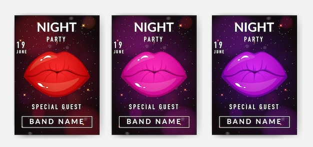 Night party posters set with colorful lips and shiny dark background vertical banner concept