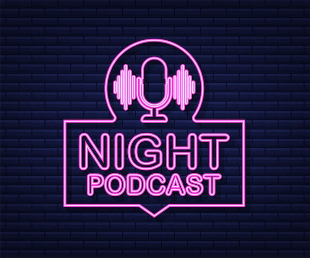 Icona al neon podcast notturno, simbolo del vettore in stile isometrico piatto isolato su priorità bassa bianca. illustrazione di riserva di vettore.