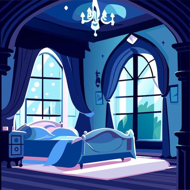 Vector night princess castle bedroom interior background mirror curtain bed chair and nightstand furniture