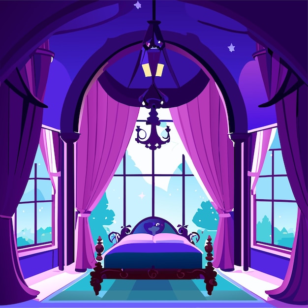 Vector night princess castle bedroom interior background mirror curtain bed chair and nightstand furniture